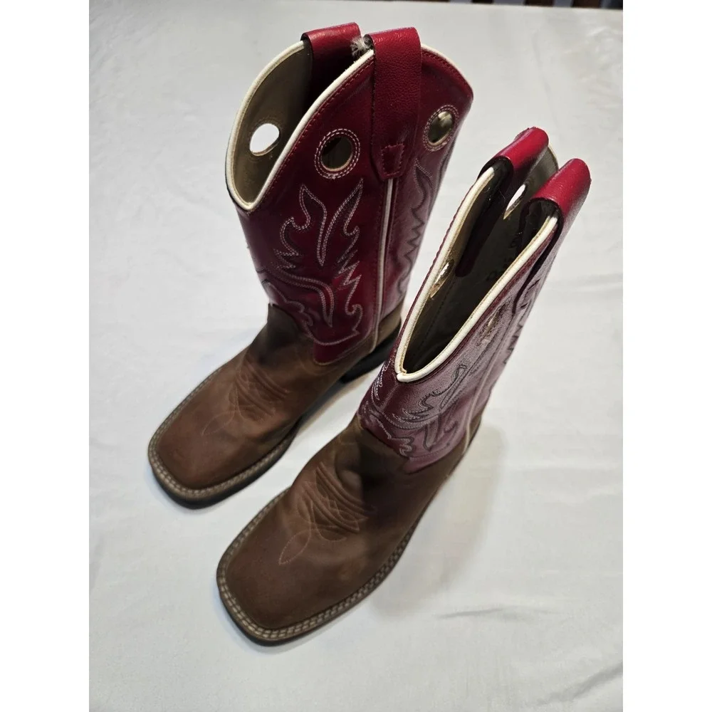 Old West Kids Size 2 Unisex Brn/Red Leather Western Boot Square Toe Ultra-Flex